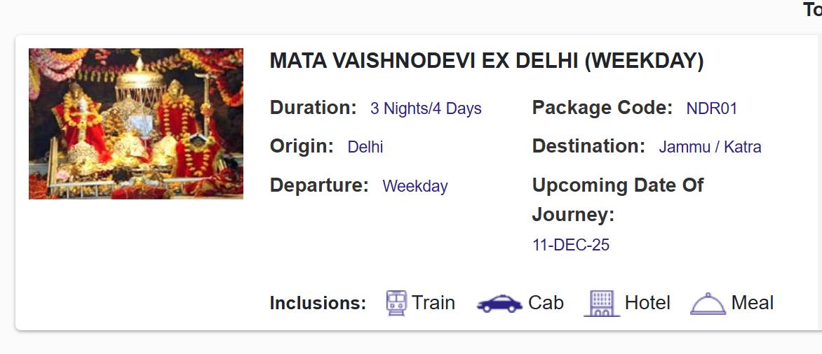 irctc december 2025 vaishno devi tour packages under rs 7000 onlyे